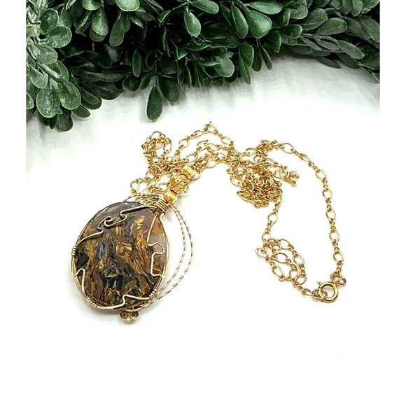 Gold 14kt GF Wire Wrapped Pietersite Pendant Artisan Handmade Gemstone Necklace - Picture 4 of 9